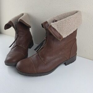 Bass Ally Brown Front Zip Faux Fur Lined Leather Winter Boots Women's Size 8.5 M